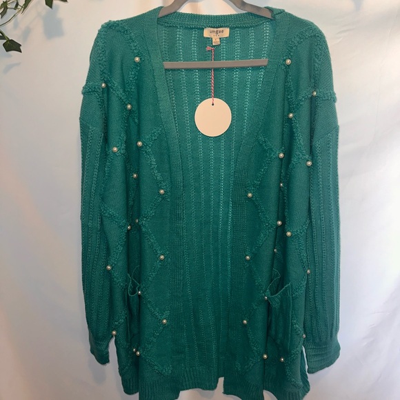 Umgee Sweaters - Umgee Teal Pearl-Embellished Open Front Cardigan